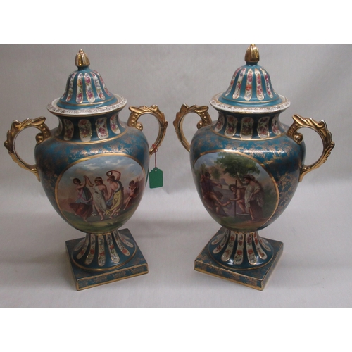 261 - Pair of Sevres style vases, two handled urn shaped bodies decorated with classical figures within la... 