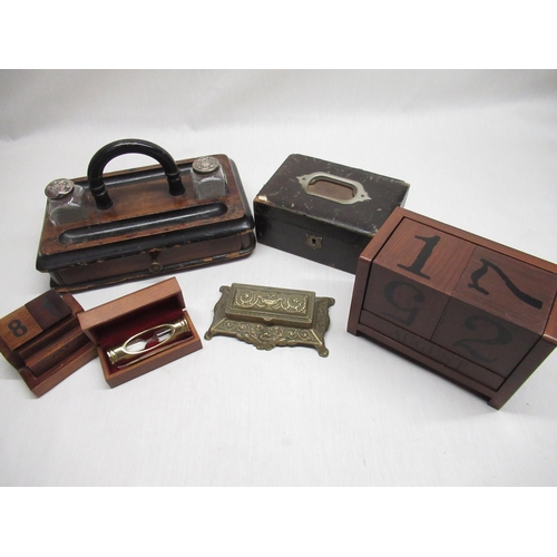 274 - Victorian mahogany and ebonised ink stand, two glass wells with hallmarked silver covers, early C20t... 