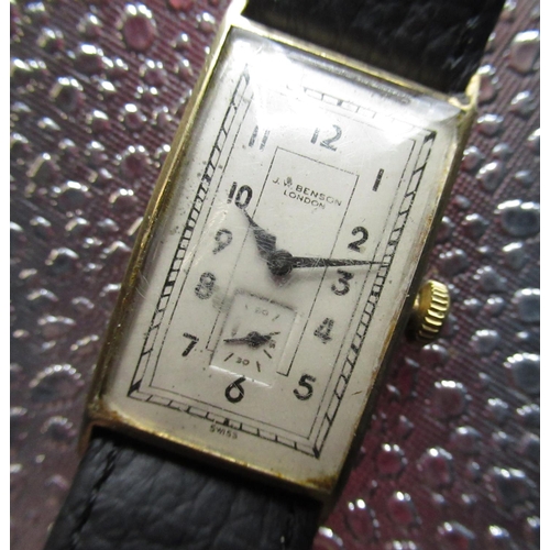 212 - J W Benson, London, 1930's 9ct gold rectangular cased and wound wrist watch, two piece hinged case o... 