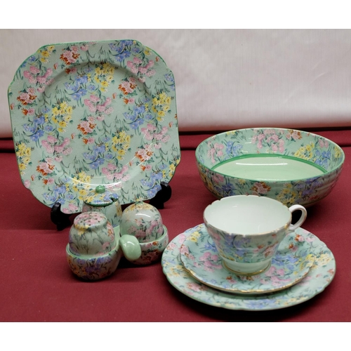 104 - Shelley Melody pattern trio, cake plate, cruet set and bowl