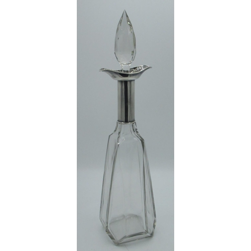 1159 - Edw.VII  faceted glass decanter with navette hallmarked Sterling silver collar by Elkington & Co Ltd... 