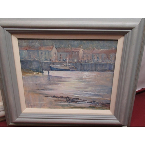 1217 - Christine M. Pybus (British 1954-): Whitby Harbour and Whitby from Sandsend, pair of oils on canvas,... 