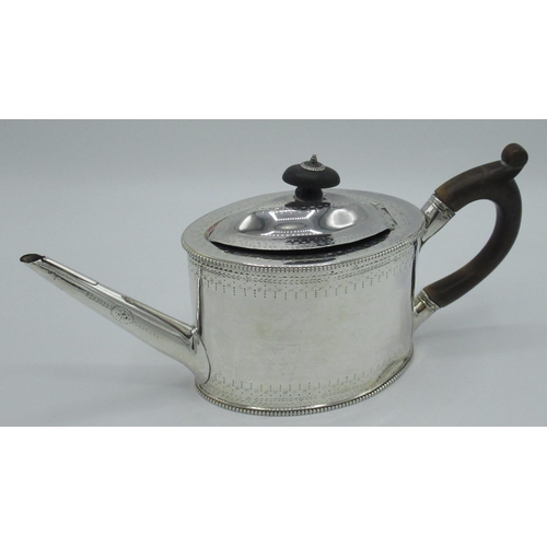 1164 - Geo.III hallmarked Sterling silver oval teapot with ebonised handle and finial, bright cut decoratio... 