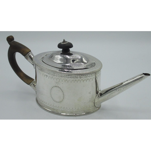 1164 - Geo.III hallmarked Sterling silver oval teapot with ebonised handle and finial, bright cut decoratio... 