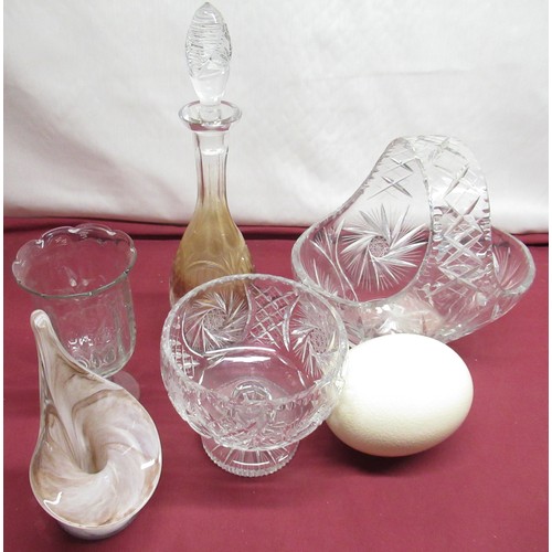 112 - Crystal vase, decanter and other glassware, blown ostrich egg (6)