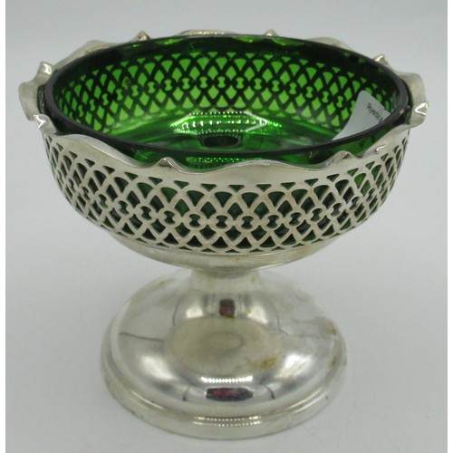 113 - Silver pierced bonbon dish with green glass liner (marks obscured)