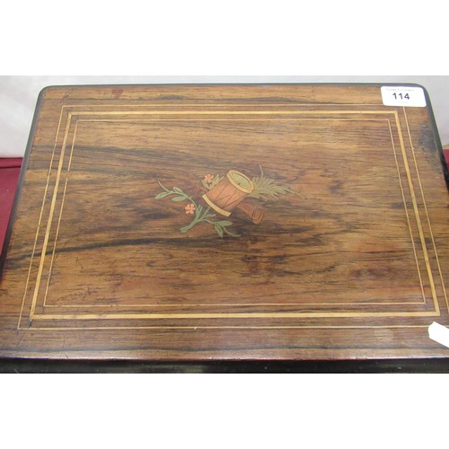 114 - Oak sewing box with inlaid detail of musical instruments, W38cm D25cm H20cm, oak tray W61cm D34cm, t... 