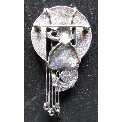 10 - Pat Cheney Art Nouveau style hallmarked Sterling silver and enamel brooch, L7.5cm