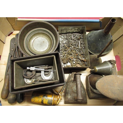 162 - Vintage Primus stove, Burmos blow lamp, Acme no.1 shoe last, small oiler, flat iron, various funnels... 