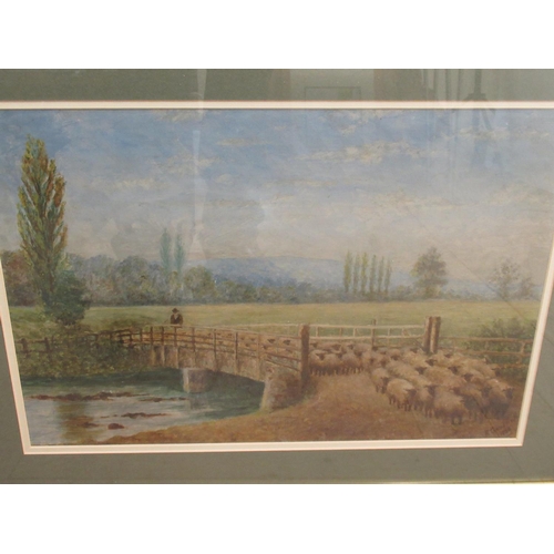 206 - R. Cresswell (British C20th): Shepherd with flock of sheep on a bridge, oil on board, signed and dat... 