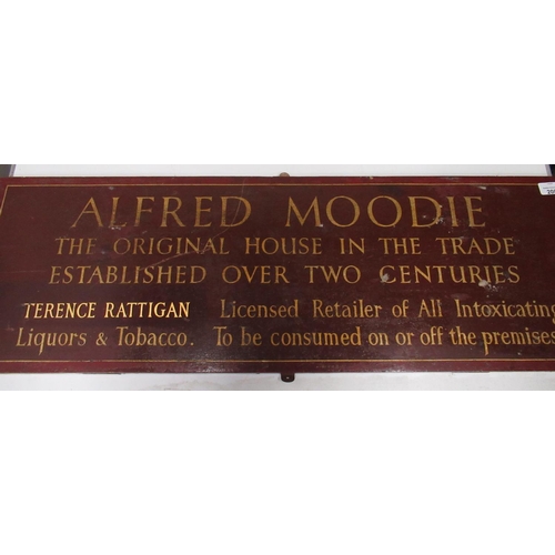 208 - Alfred Moodie wooden Ale house proprieters sign painted in gilt on burgundy background, H30cm x W92c... 