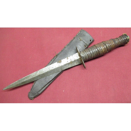 214 - Fairburn Sykes stlye commando dagger with later added strip leather grip, home made sheath, standard... 