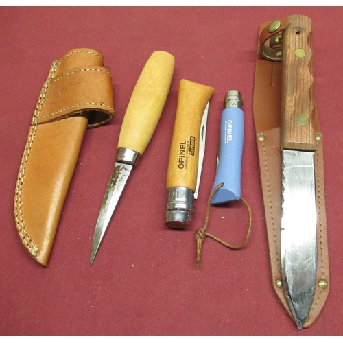 218 - Capt .Curry belt knife (5 inch blade, 10 inch overall), two Opinel folding knives and a carving knif... 