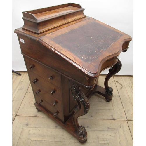 182 - Victorian figured walnut Davenport, hinged stationary compartment and serpentine front with four fau... 