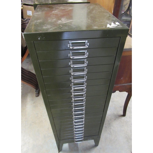 191 - C20th green metal filing chest of twenty one drawers with chromed metal handles on angular feet, W35... 