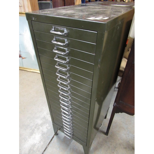 192 - C20th green metal filing chest of twenty one drawers with chromed metal handles on angular feet, W35... 