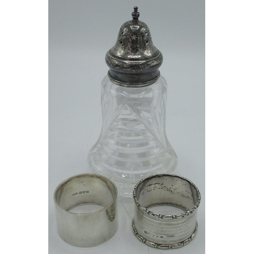 20 - Cut glass and hallmarked silver topped powder jar together with two hallmarked silver napkin rings, ... 