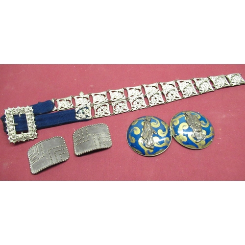 36 - 1920s LW of Paris Art Deco cut steel belt buckles, an Art Deco pierced metal and velvet belt and Jap... 