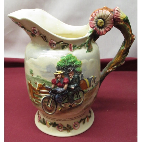 99 - Crown Devon Bell musical jug, decorated with cycling scenes, H21cm Three Indian aluminum jewellery b... 