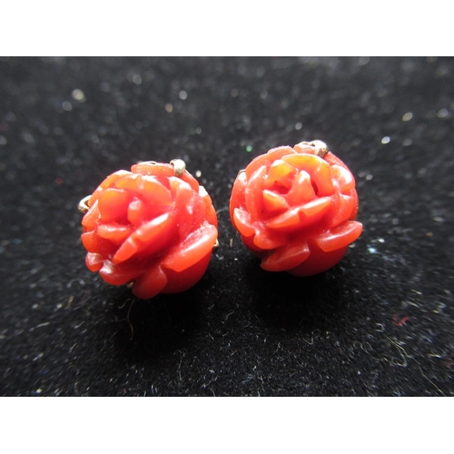 304 - Pair of coral rose earrings with rose metal mounts diameter 1cm, pair of hallmarked 9ct yellow gold ... 