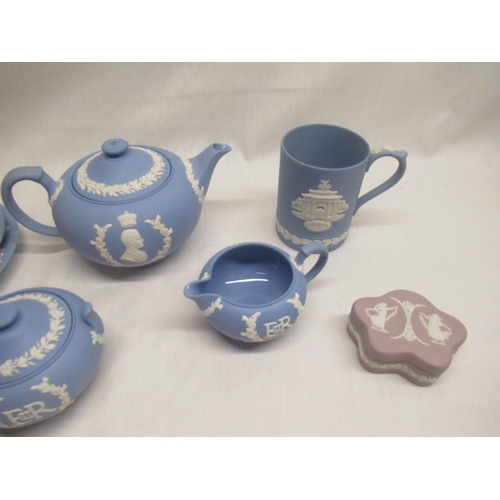 291 - Wedgwood Jasperware three piece QEII Coronation tea service 1953, together with Jasperware tankard, ... 