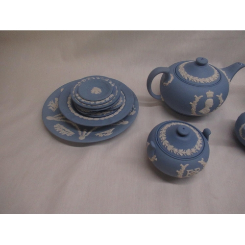 291 - Wedgwood Jasperware three piece QEII Coronation tea service 1953, together with Jasperware tankard, ... 