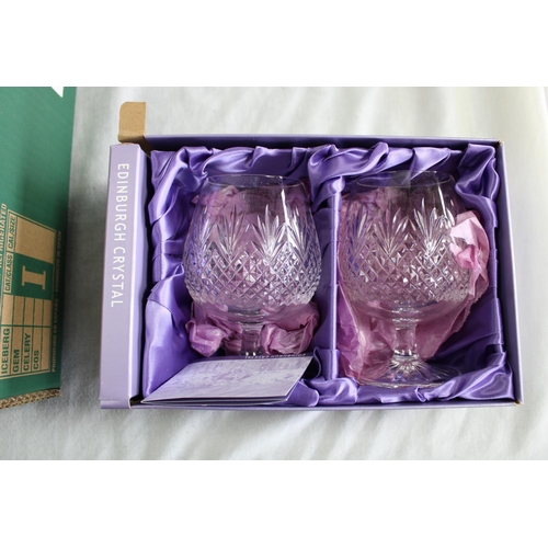 294 - Two pairs of Edinburgh Crystal cut glass cognac glasses, a thistle shaped cut glass decanter, five m... 