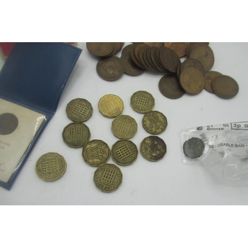 312 - Collection of mixed British and international coins including, one pennies, shillings, francs etc