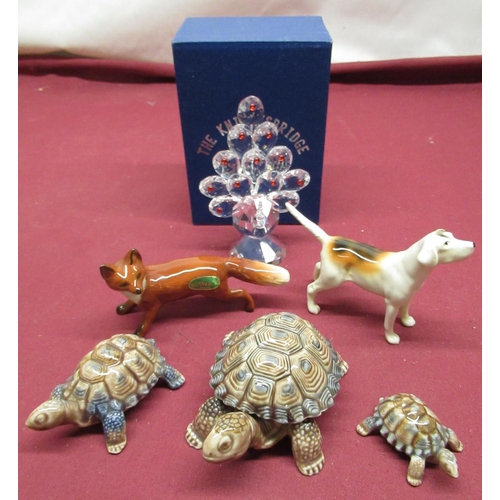 48 - Beswick Hound and a Beswick Fox figure, three Wade tortoise and a Knightsbridge Crystal Peacock figu... 