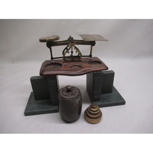 323 - Set of brass postal type scales on shaped mahogany base, with weights 8oz - 1/2oz, pair of handmade ... 