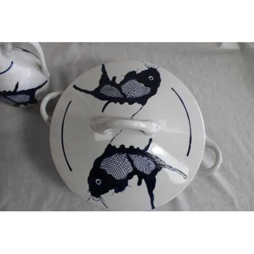 374 - Comprehensive Japanese blue and white porcelain dinner service decorated with Carp, to include turee... 