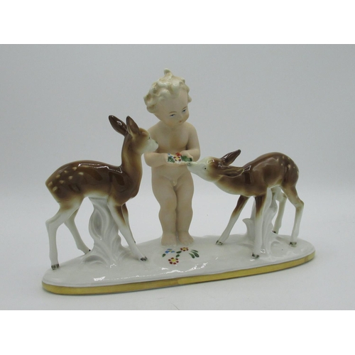 127 - Sitzendorf porcelain figure group modelled as cherub feeding two deer, printed mark, H17cm