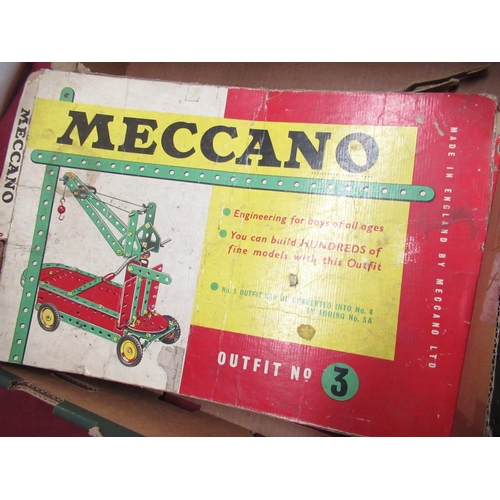 128 - Meccano Outfit no.3 in original box and packaging, other Meccano components, two electric motors, co... 