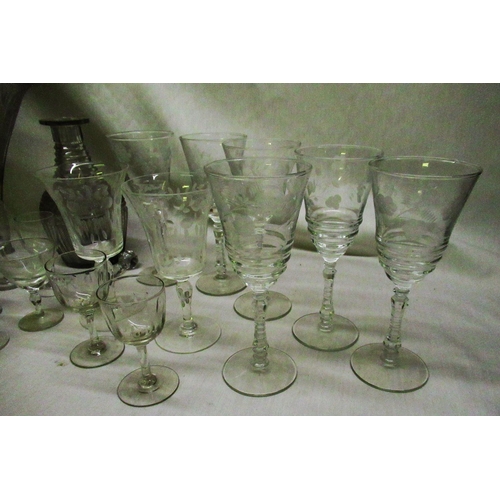 404 - Decanter, etched glasses and glass epergne