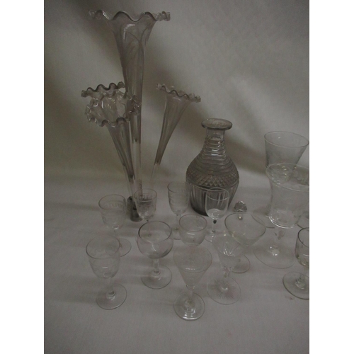 404 - Decanter, etched glasses and glass epergne