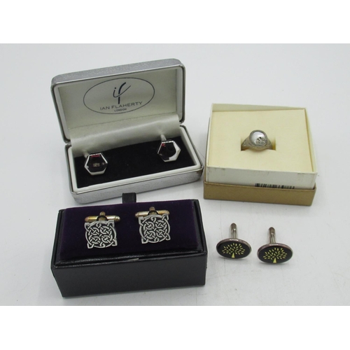 229 - 925 silver, marcasite and mother of pearl ring, three pairs of cufflinks and a late C19th Mother of ... 