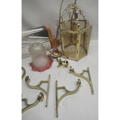 405 - Two Renaissance picture lights, brass and glass ceiling light, glass lamp shade etc