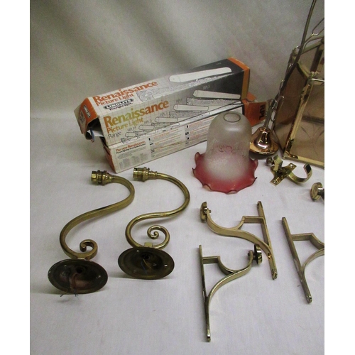 405 - Two Renaissance picture lights, brass and glass ceiling light, glass lamp shade etc