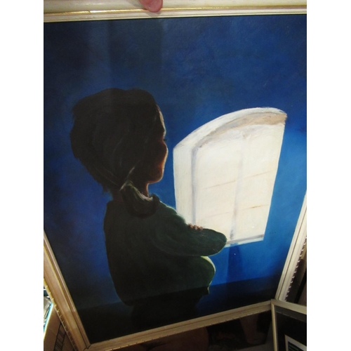 223 - Selection of twelve paintings and prints to include oil on canvas of expectant mother by J.O. Angwin... 