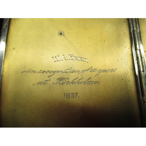 148 - Hallmarked silver engine turned rectangular cigarette box, inscription dated 1937, pair of 9ct gold ... 