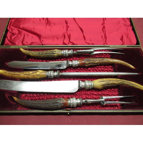 248 - Late C19th/early C20th Robert. F. Mosley of Sheffield carving set with horn handles and fitted in or... 