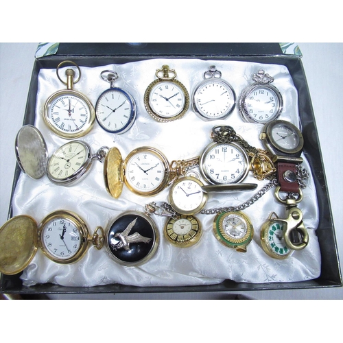 387 - Collection of quartz pocket watches including open faced and hunter cased, inlaid eastern jewellery ... 