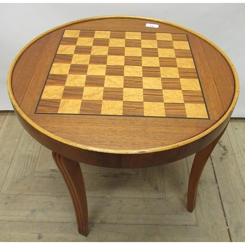 63 - Mid C20th inlaid chess table, circular top on four tapering legs, H50cm