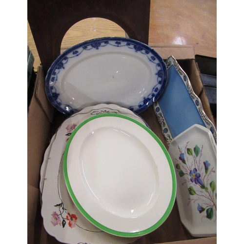 525 - Square wood toilet seat, blue and white meat plate, other meat and serving plates