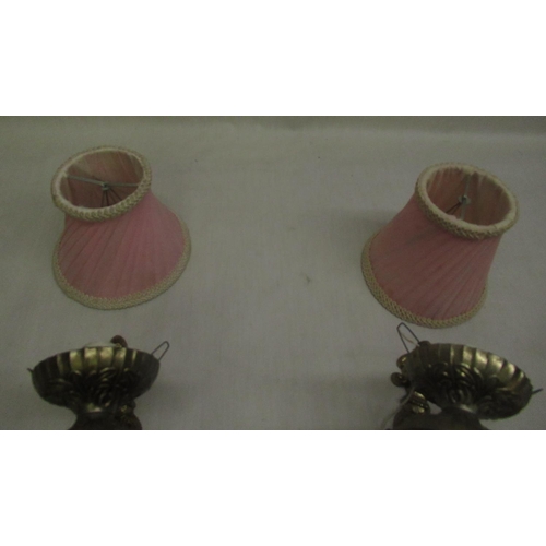 526 - Pair of brass and wood wall lights with pink lamp shades