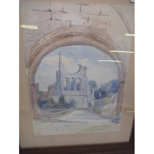 428 - Framed photograph of Lake Gomive by J.R. Clarke, watercolour of a ruined cathedral