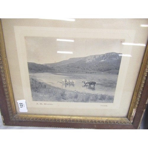 428 - Framed photograph of Lake Gomive by J.R. Clarke, watercolour of a ruined cathedral