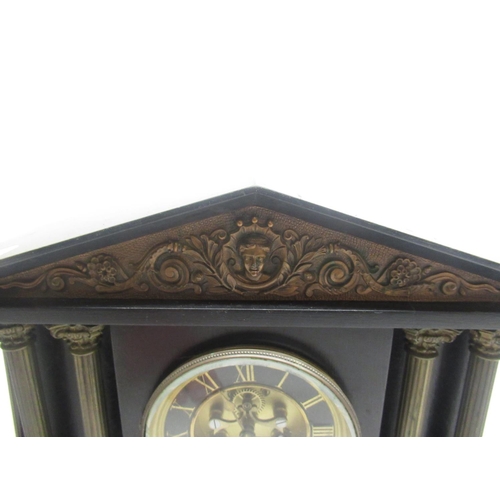 537 - Late C19th French slate mantel clock of classical architectural form, inset with copper panel emboss... 