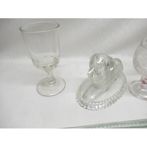 436 - Pressed glass dog figurine in the manner of John Derbyshire , pink and clear glass candlestick, Vict... 