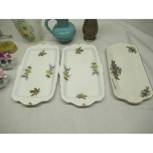 443 - Four ceramic posy flowers and pots, collection of brass ware, three serving dishes etc